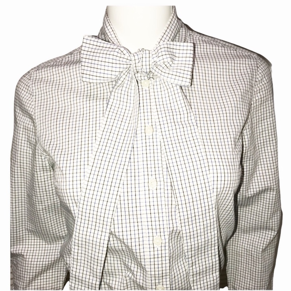 * SOLD * Tommy Hilfiger Pussy Bow Windowpane Print Button front Cotton Shirt - S